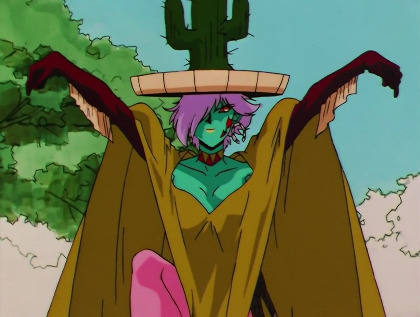 U-Estern, a Daimon from Sailor Moon episode 112. She has turquoise skin and lilac hair, with a red arrow painted on her cheek. She’s wearing a sombrero-like hat with a large cactus on top, and a brown poncho over a pink outfit with dark brown sleeves.